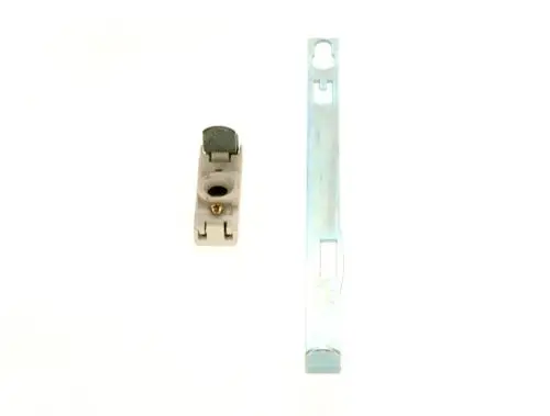 Bosch-Hülse und ein Montagewerkzeug auf weißem Hintergrund. Die Hülse ist in einem neutralen Farbton gehalten, das Werkzeug hat eine metallische Oberfläche.